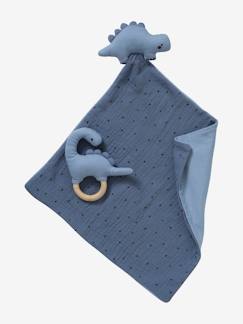 Doudou de gasa de algodón + sonajero de madera Pequeño Dinosaurio -Doudou de gasa de algodón + sonajero de madera Pequeño Dinosaurio