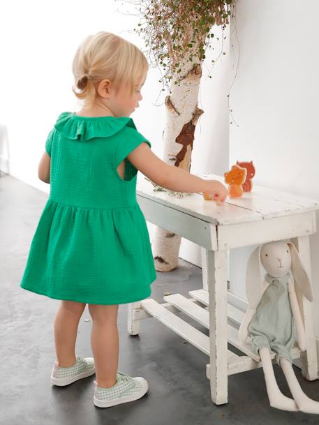 Vestido con cuello de gasa de algodón para bebé naranja+verde 