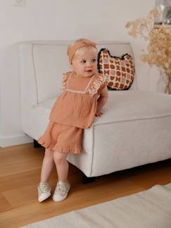 -Conjunto bordado para bebé: blusa + short + cinta del pelo de gasa de algodón