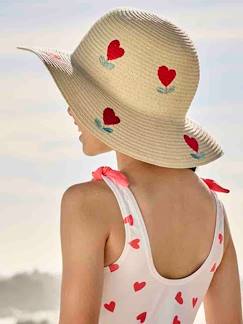 Niña-Accesorios-Sombrero forma capelina aspecto paja con corazones para niña