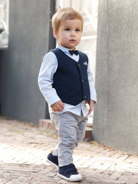 Conjunto para bebé niño de ceremonia con chaleco de punto + camisa +  pajarita + pantalón azul oscuro liso - Vertbaudet