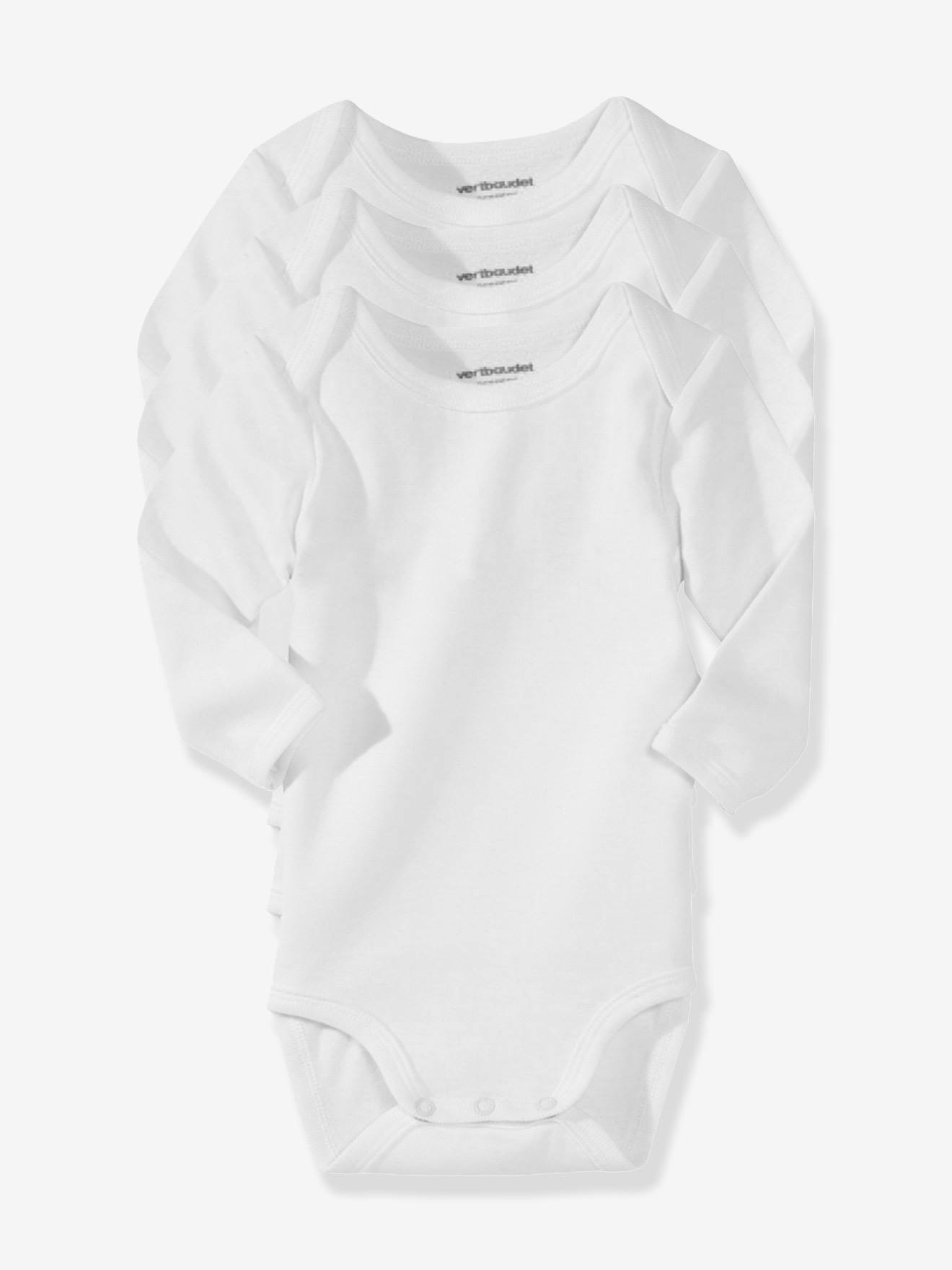 VERTBAUDET Lote de 3 bodies blancos de manga larga 100/% algod/ón reci/én nacido Blanco 12M 74CM