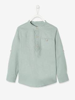 -Camisa de lino/algodón para niño con cuello mao, de manga larga