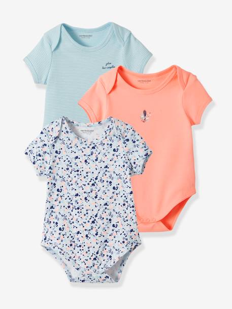 Lote De 3 Bodies Para Bebe Recien Nacido De Manga Corta Con Motivos De Flores Naranja Fuerte Bicolor Multico Vertbaudet