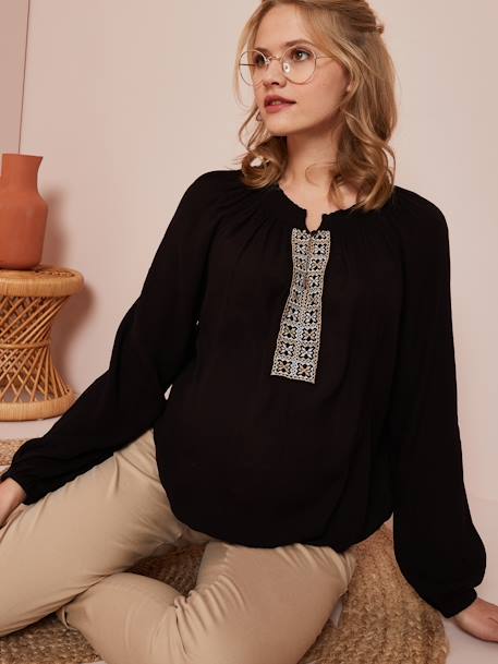 Blusa de embarazo con smocks y bordado NEGRO OSCURO LISO 