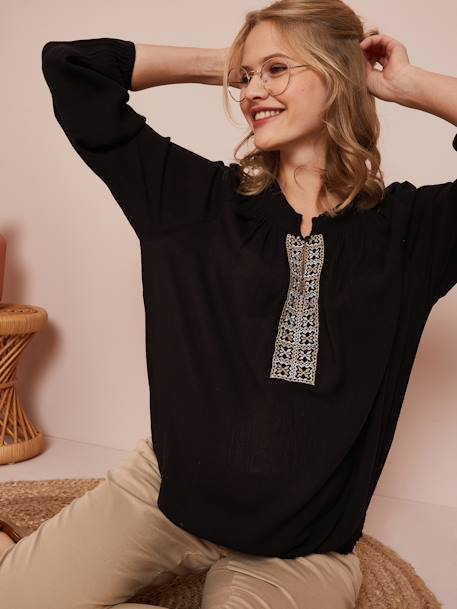 Blusa de embarazo con smocks y bordado NEGRO OSCURO LISO 