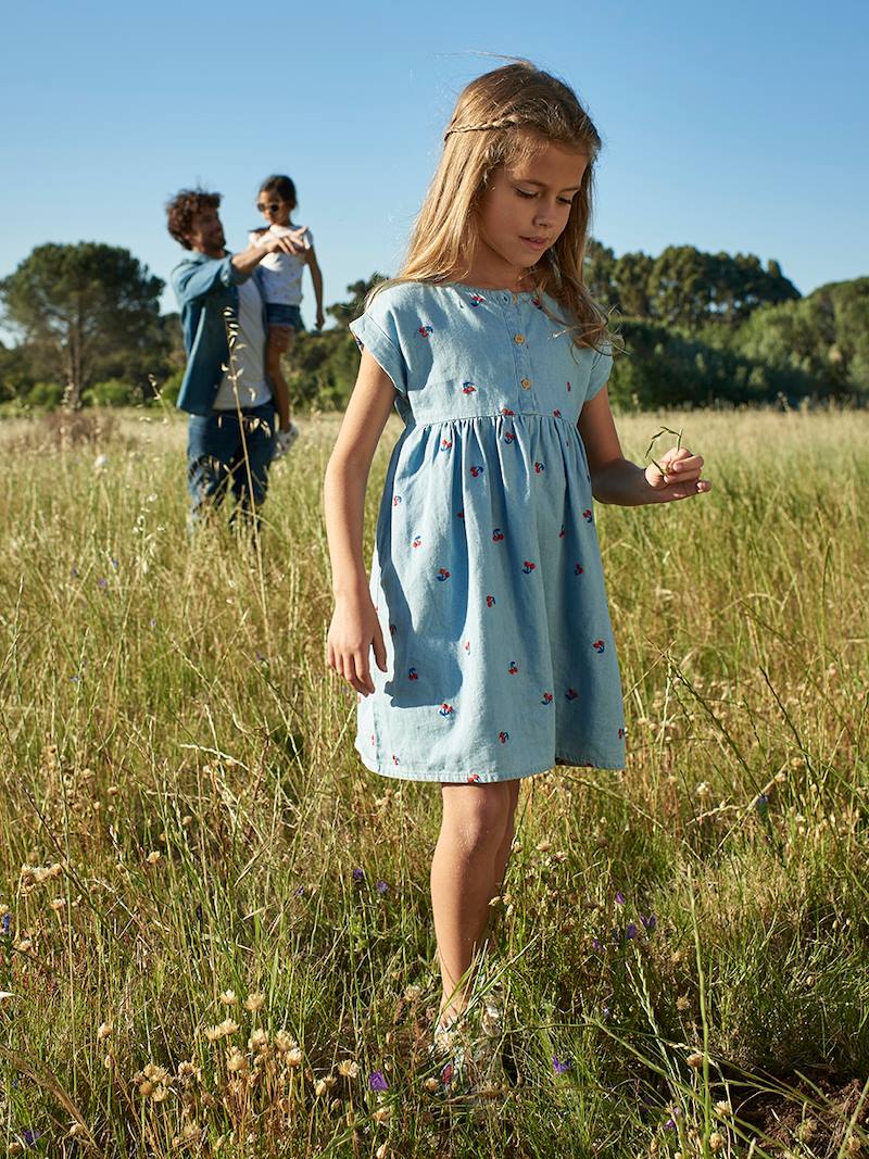 Vestido Vaquero Para Niña Con Bordado De Cerezas Azul Oscuro Lavado Vertbaudet