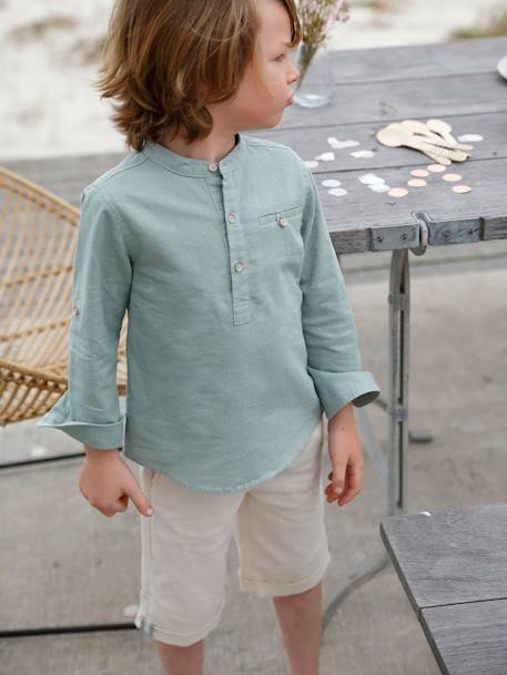 Marcha atrás al límite Surrey Camisa de lino/algodón para niño con cuello mao, de manga larga verde medio  liso - Vertbaudet