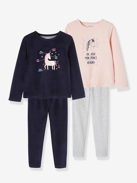 Lote de 2 pijamas de terciopelo «unicornio» para niña rosa claro liso motivos Vertbaudet