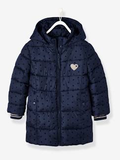 Niña-Abrigos y chaquetas-Chaqueta acolchada larga con capucha y relleno de poliéster reciclado, para niña