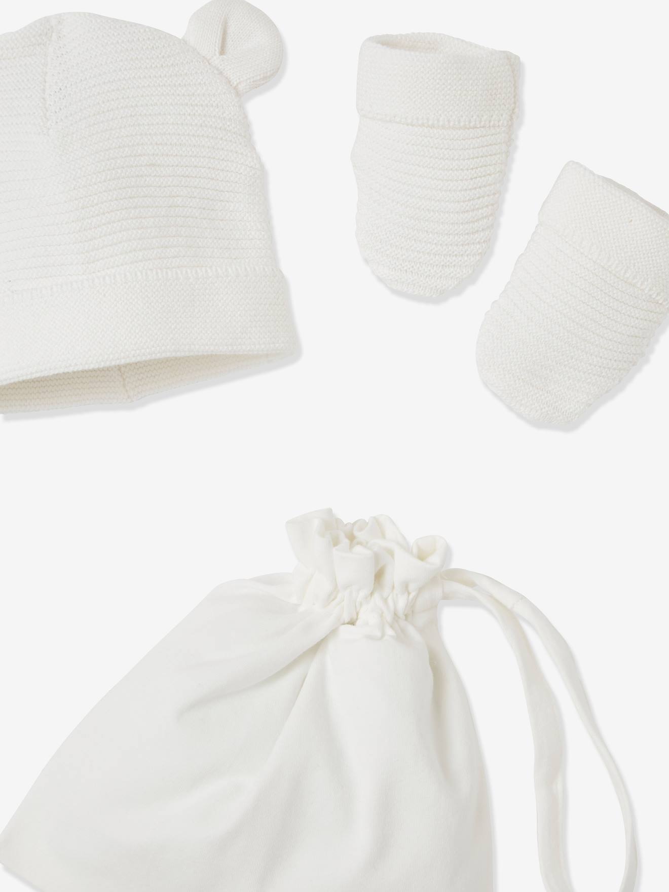Conjunto de gorra, manoplas patucos para recién nacido, con bolsa a juego blanco medio liso - Vertbaudet