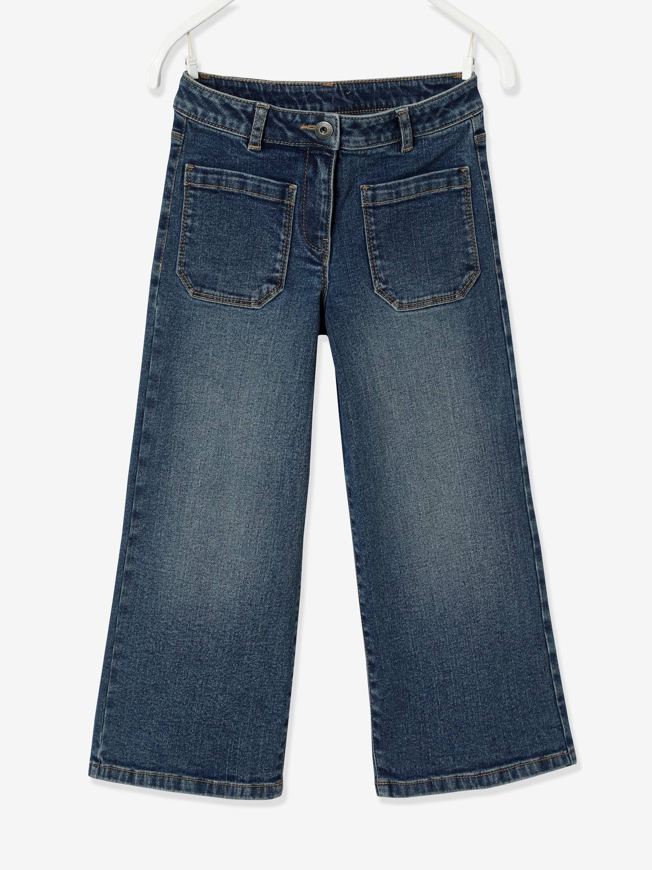 Pantalón denim ancho para niña azul oscuro lavado - Vertbaudet
