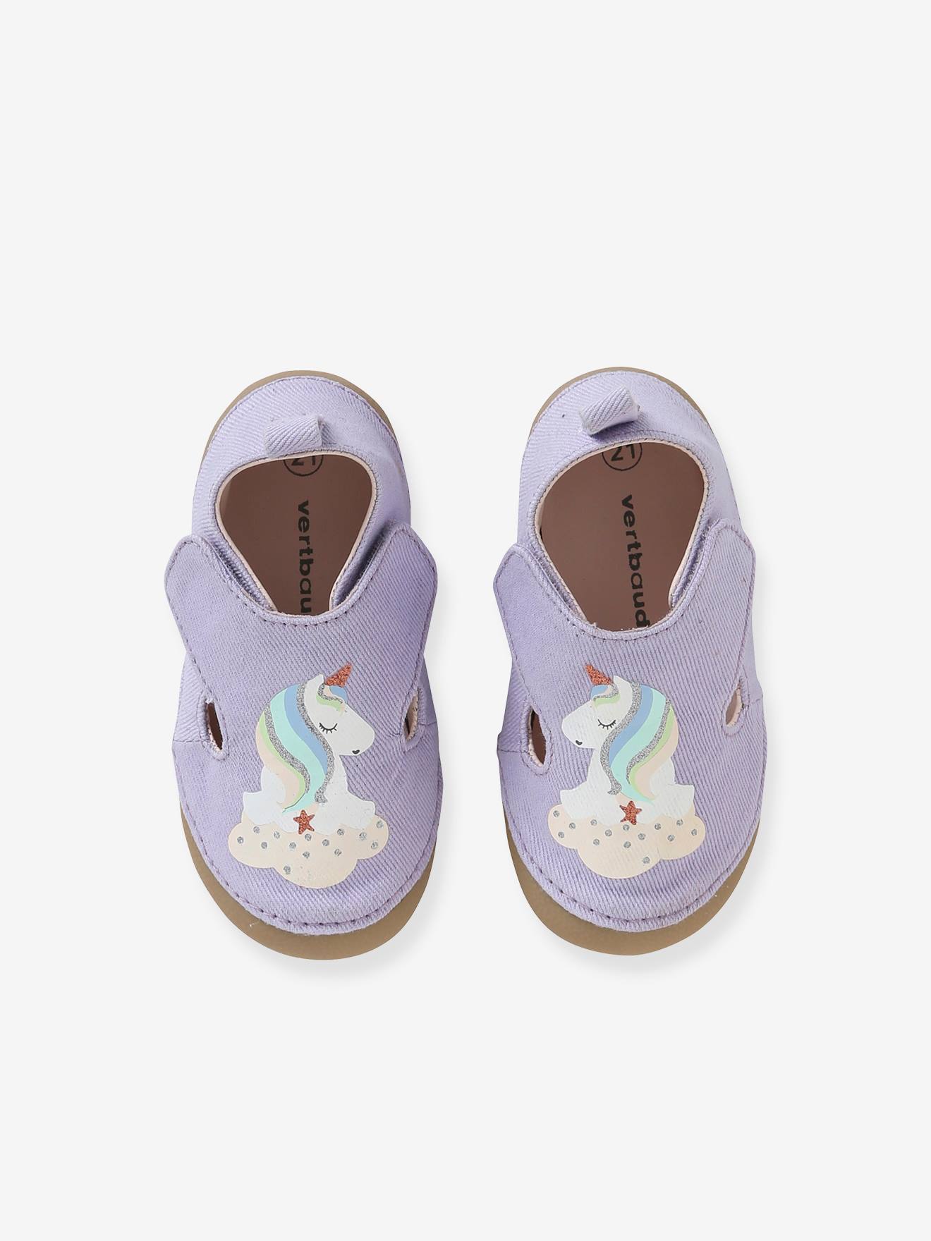 Zapatillas casa de tela con unicornio, niña violeta liso - Vertbaudet
