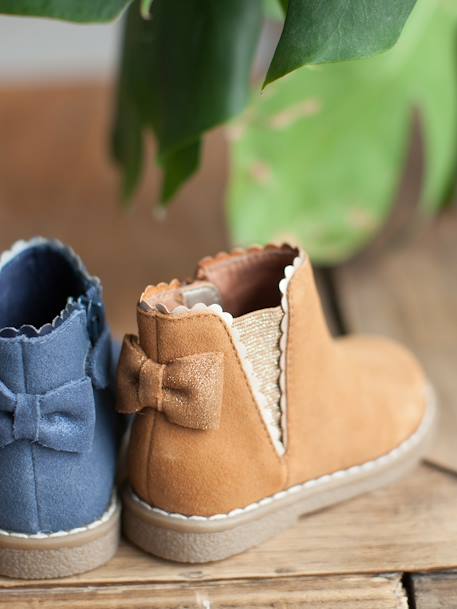 Botines de piel con elásticos para bebé niña AZUL OSCURO LISO CON MOTIVOS+BEIGE OSCURO METALIZADO+MARRON CLARO LISO 