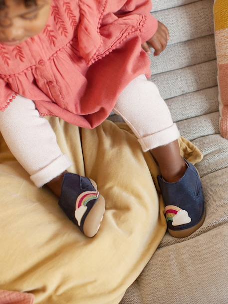 Zapatillas de casa para bebé de piel ligera AZUL OSCURO LISO CON MOTIVOS 