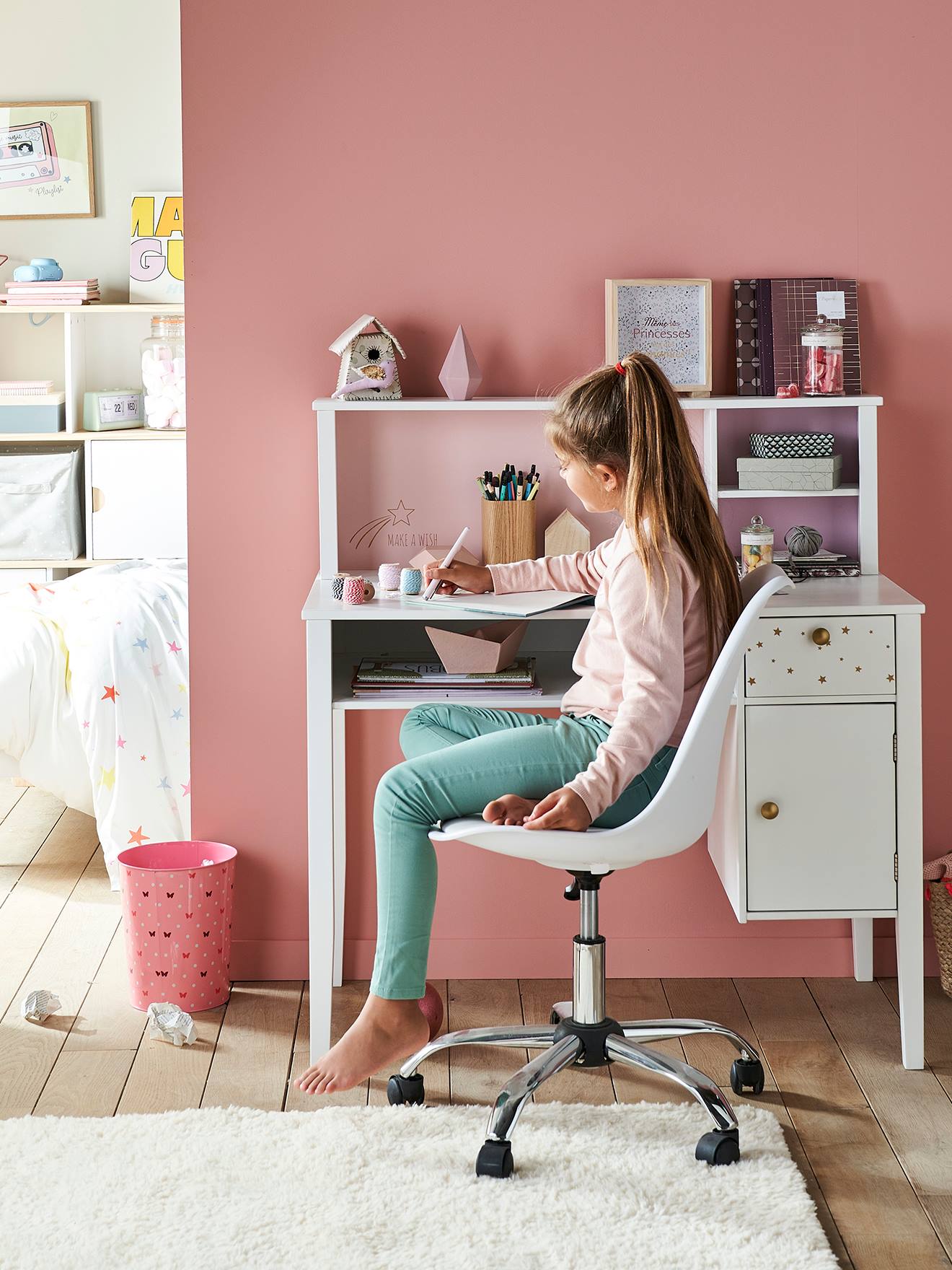 Silla de escritorio de educación primaria con ruedas rosa oscuro liso -  Vertbaudet