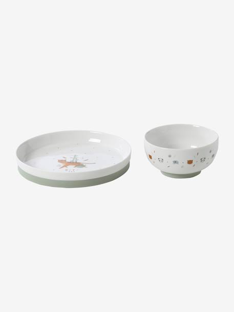 Conjunto de vajilla de cerámica y silicona Hanói BLANCO CLARO ESTAMPADO+VERDE CLARO LISO CON MOTIVOS 
