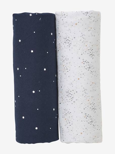 Lote de 2 fundas para cuna y colecho de algodón orgánico* AZUL OSCURO ESTAMPADO+BLANCO CLARO LISO 