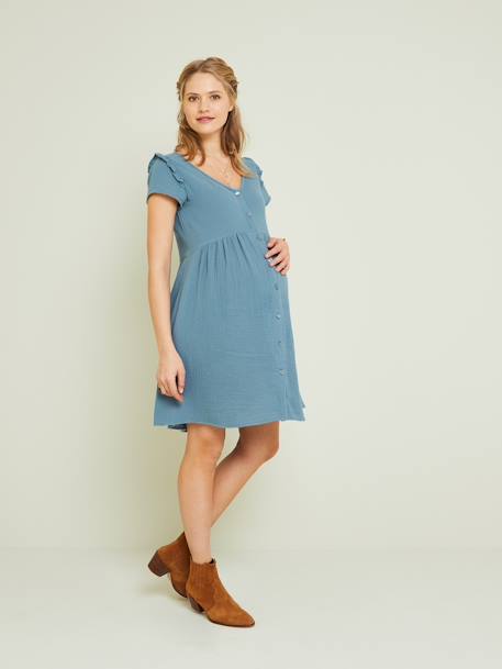 Vestido de embarazo y lactancia de gasa de algodón AZUL FUERTE ESTAMPADO+azul jeans+blanco+VERDE MEDIO LISO 