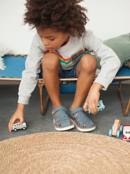 Sandalias de piel con tiras autoadherentes, para niño AZUL MEDIO LISO+VERDE OSCURO LISO 