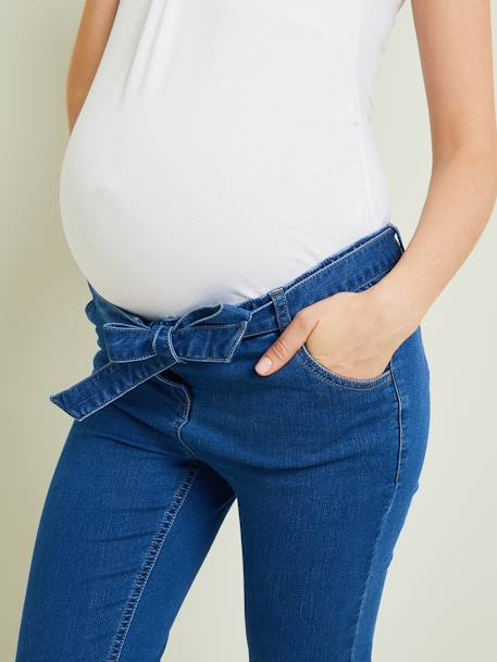 Pantalón slim para embarazo de felpa, aspecto denim AZUL MEDIO LAVADO 