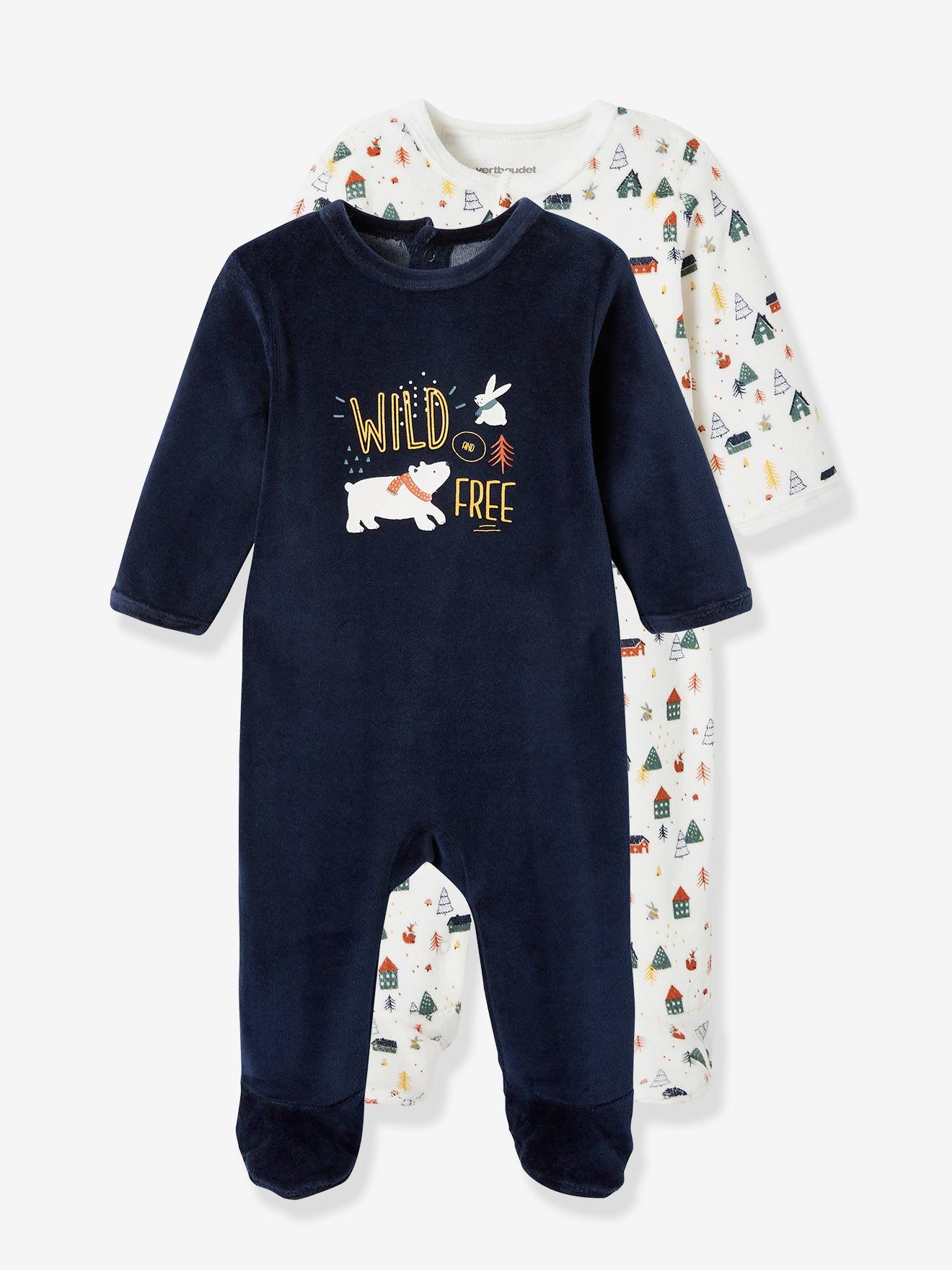 Lote de 2 pijamas para bebé de terciopelo azul oscuro bicolor/multicolor -  Vertbaudet