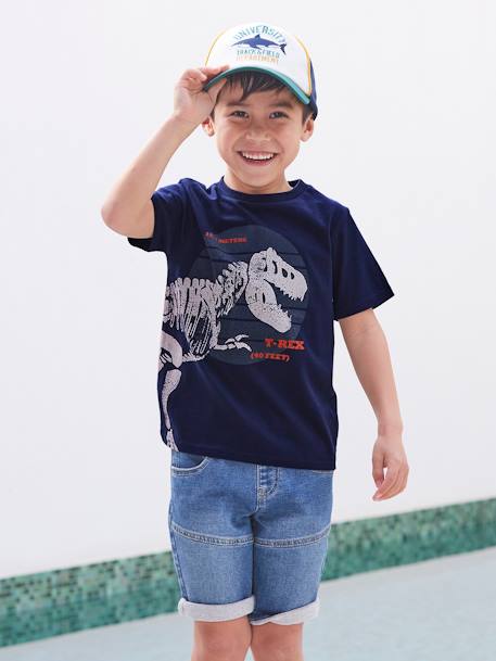 Camiseta con dinosaurio gigante, para niño AZUL FUERTE LISO CON MOTIVOS+verde menta 