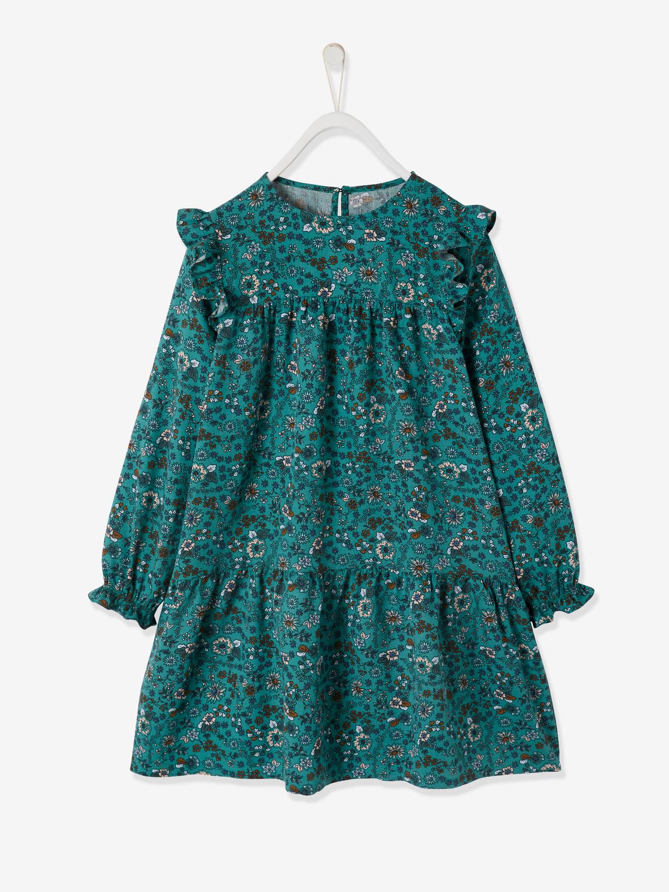 Vestido vaporoso con volante y motivos de flores, para niña rojo oscuro  estampado - Vertbaudet
