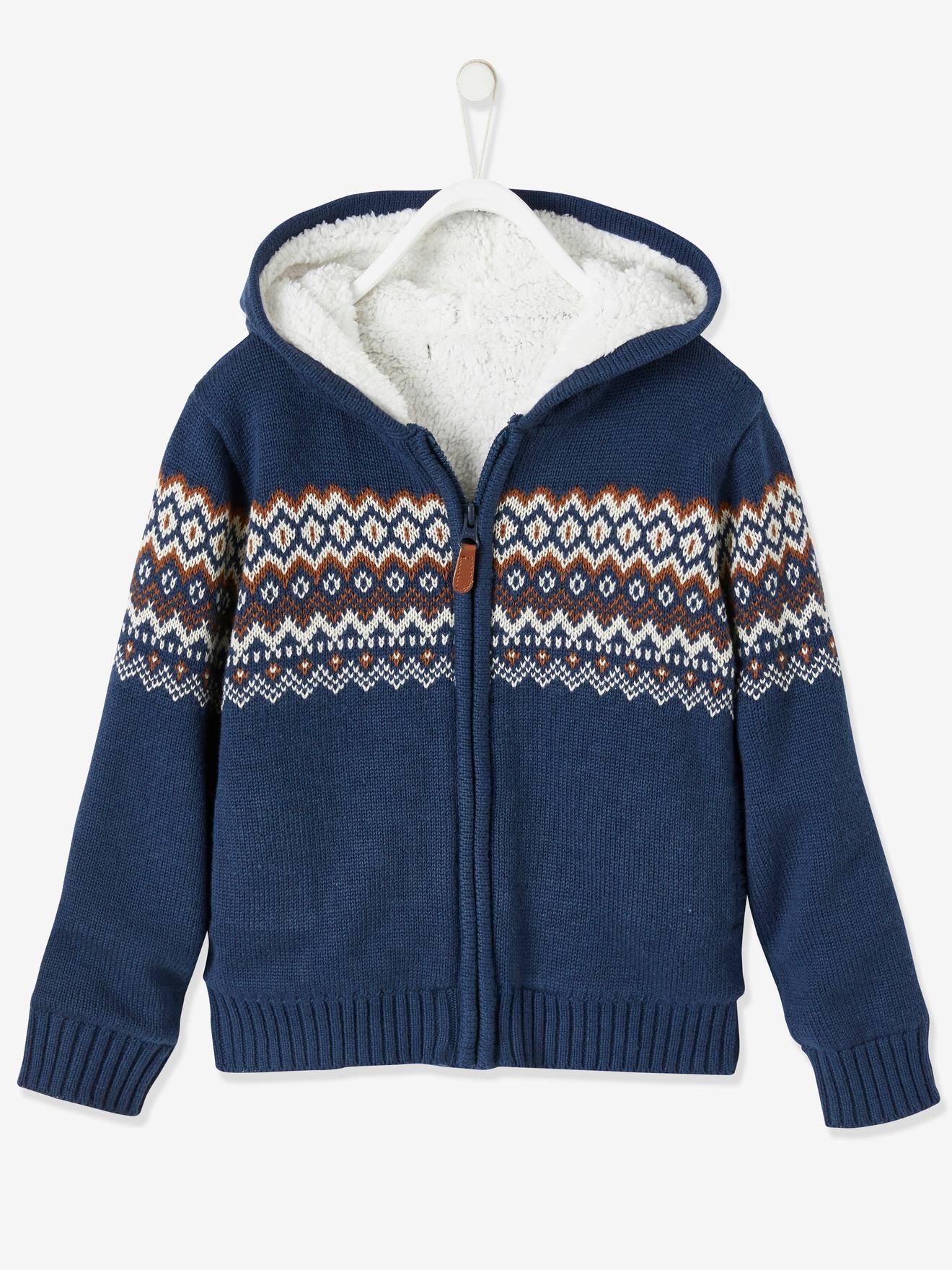 Chaqueta de punto jacquard con forro de sherpa, para niño azul oscuro liso  con motivos - Vertbaudet