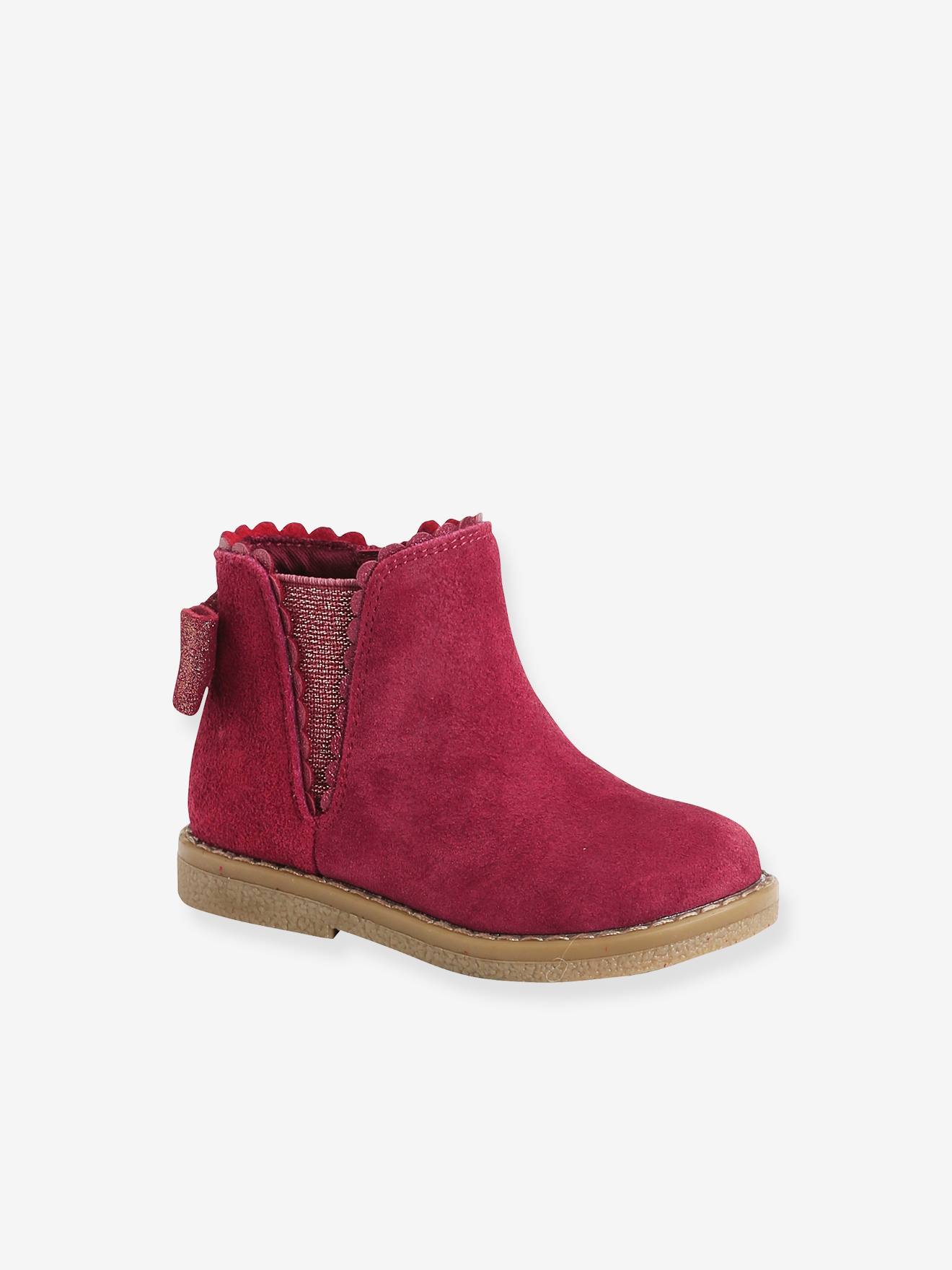 Botines de piel con elásticos para bebé niña rojo oscuro liso - Vertbaudet