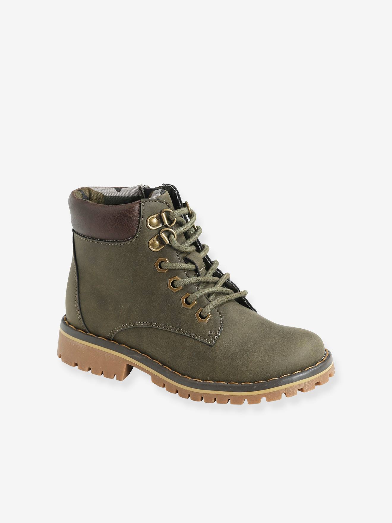 Botines con cordones + cremallera, para niño verde oscuro liso - Vertbaudet
