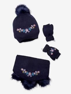 Niña-Accesorios-Gorros, bufandas, guantes-Conjunto de gorro + snood + mitones bordados de flores para niña Oeko Tex®