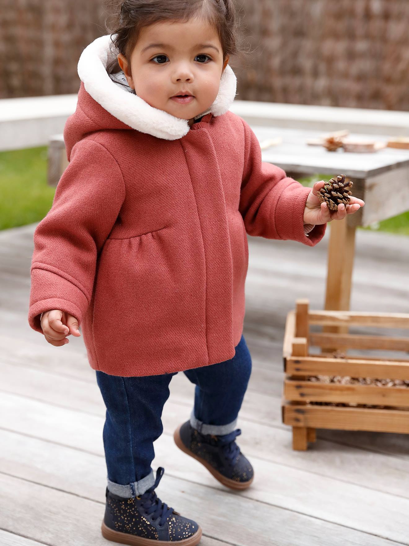Abrigo de lana con capucha, bebé rojo - Vertbaudet