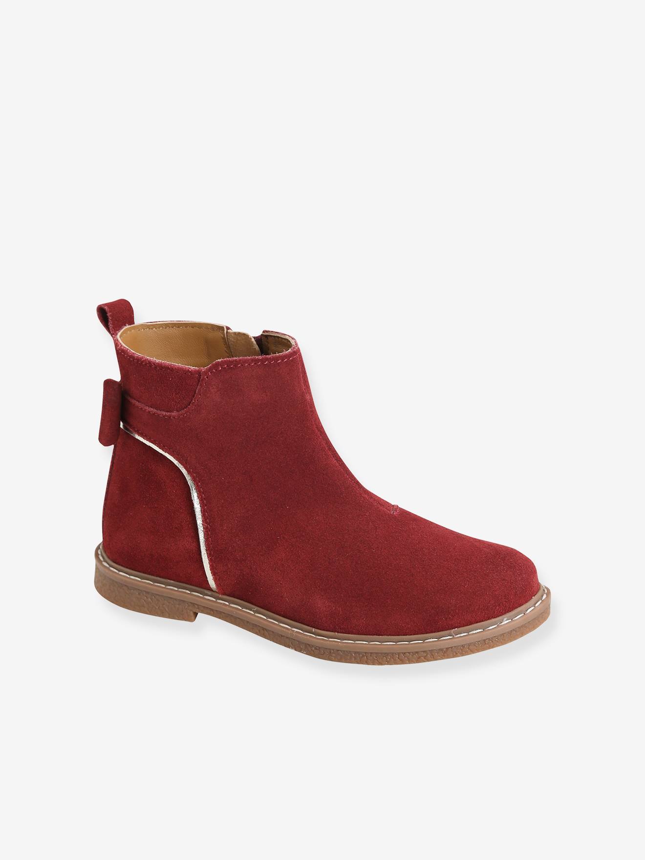 Botines de piel para niña rojo oscuro liso - Vertbaudet