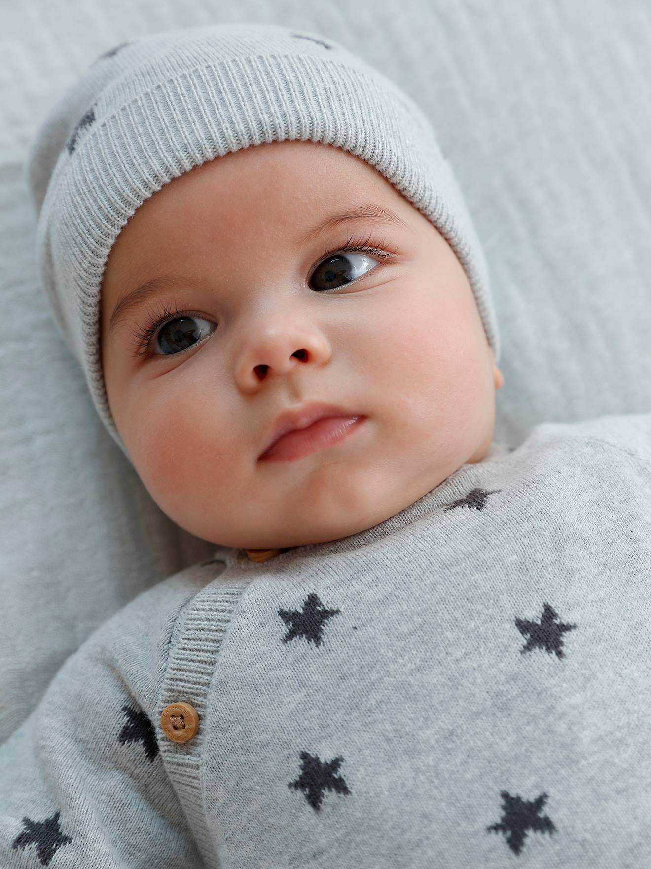 Conjunto 3 prendas para bebé: jersey + pantalón gorro + manoplas gris medio estampado - Vertbaudet