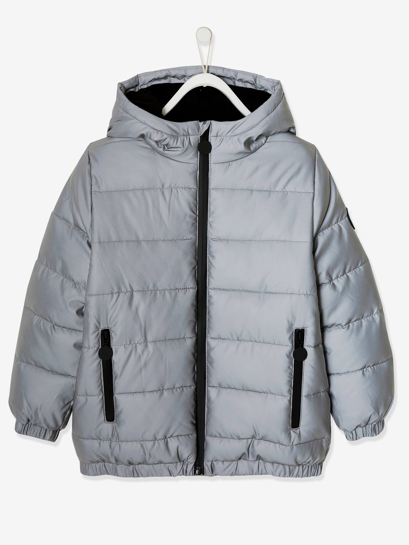 Chaqueta con capucha con forro polar, efecto reflectante y relleno de fibras recicladas, niño gris medio liso con motivos - Vertbaudet