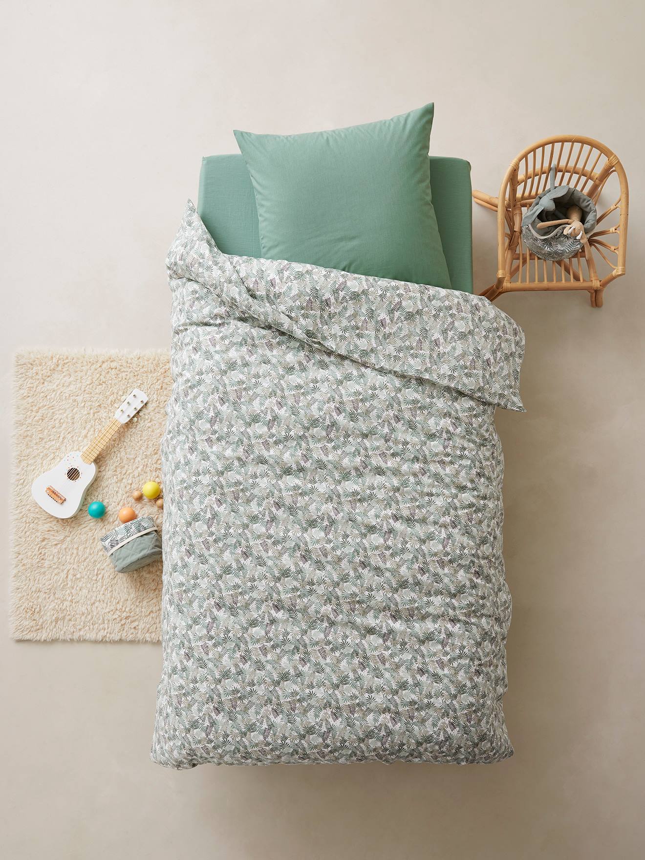 Conjunto de funda nórdica + funda de almohada infantil Tropical, Basics verde medio estampado Vertbaudet