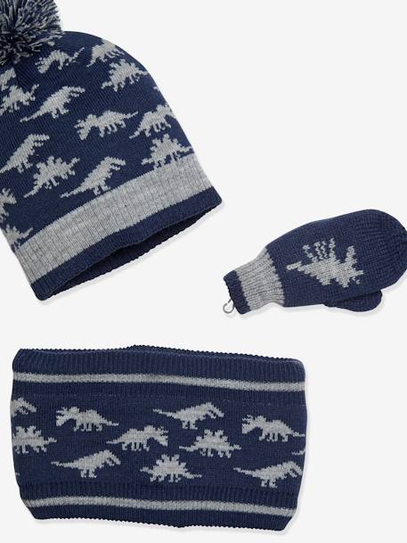 Conjunto de gorro + snood + guantes Dinosaurio Oeko Tex® para niño AZUL OSCURO ESTAMPADO 