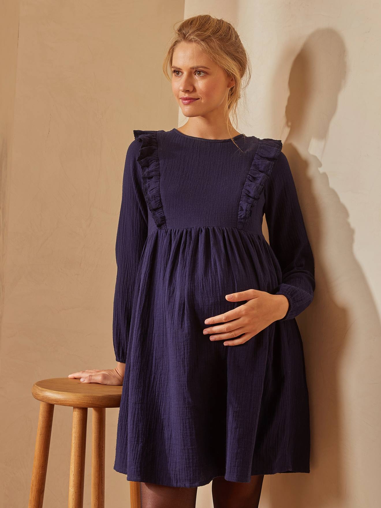 Vestido camisero largo de gasa de algodón para embarazo y lactancia azul  marino - Vertbaudet