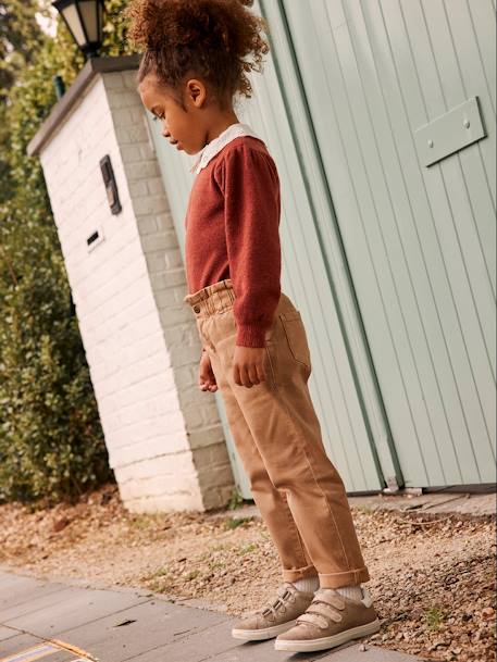 Jersey con cuello de bordado inglés, para niña MARRON MEDIO LISO 
