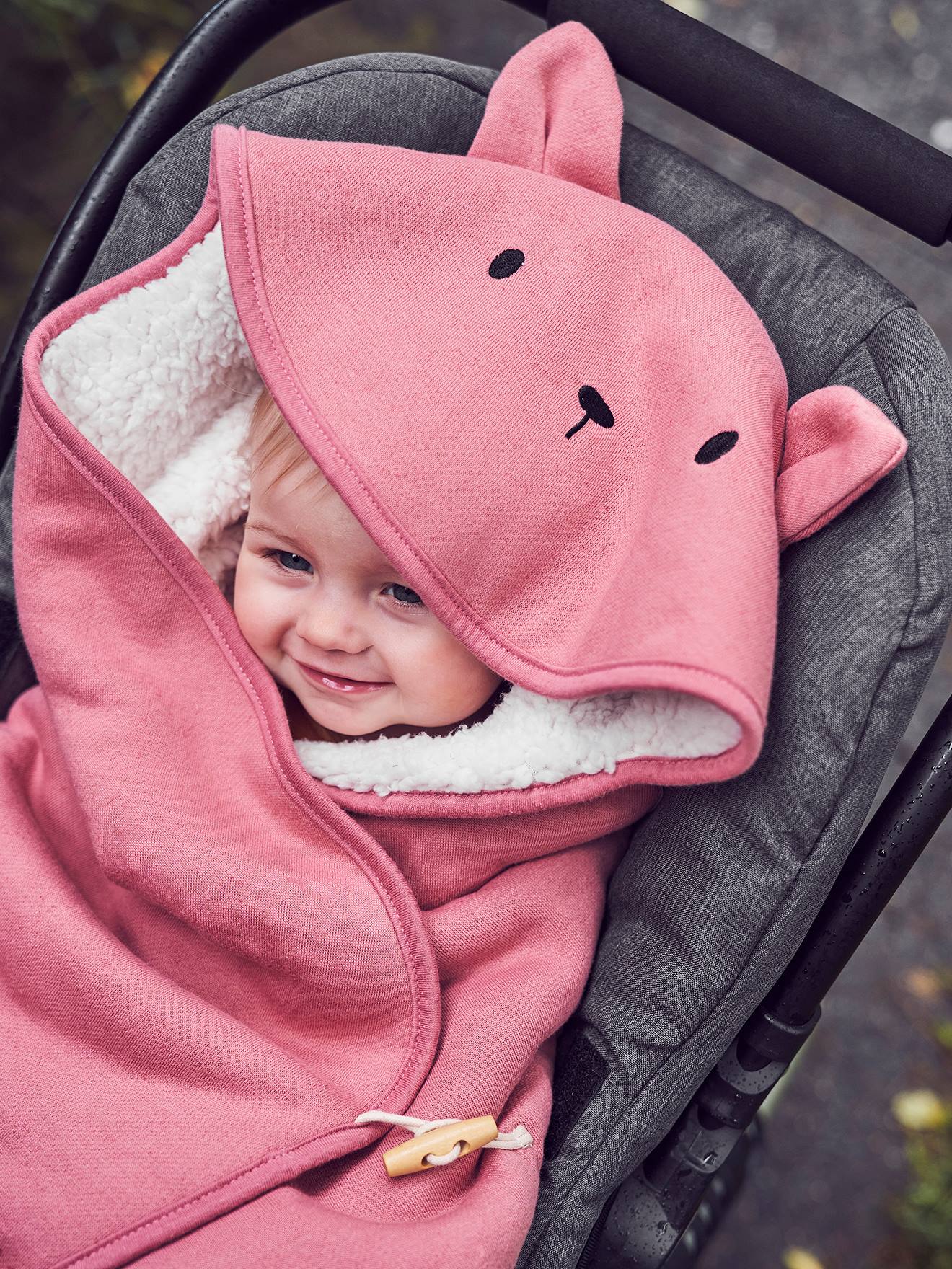 Manta para bebé con capucha de felpa y forro de peluche - rosa medio liso  con motivos