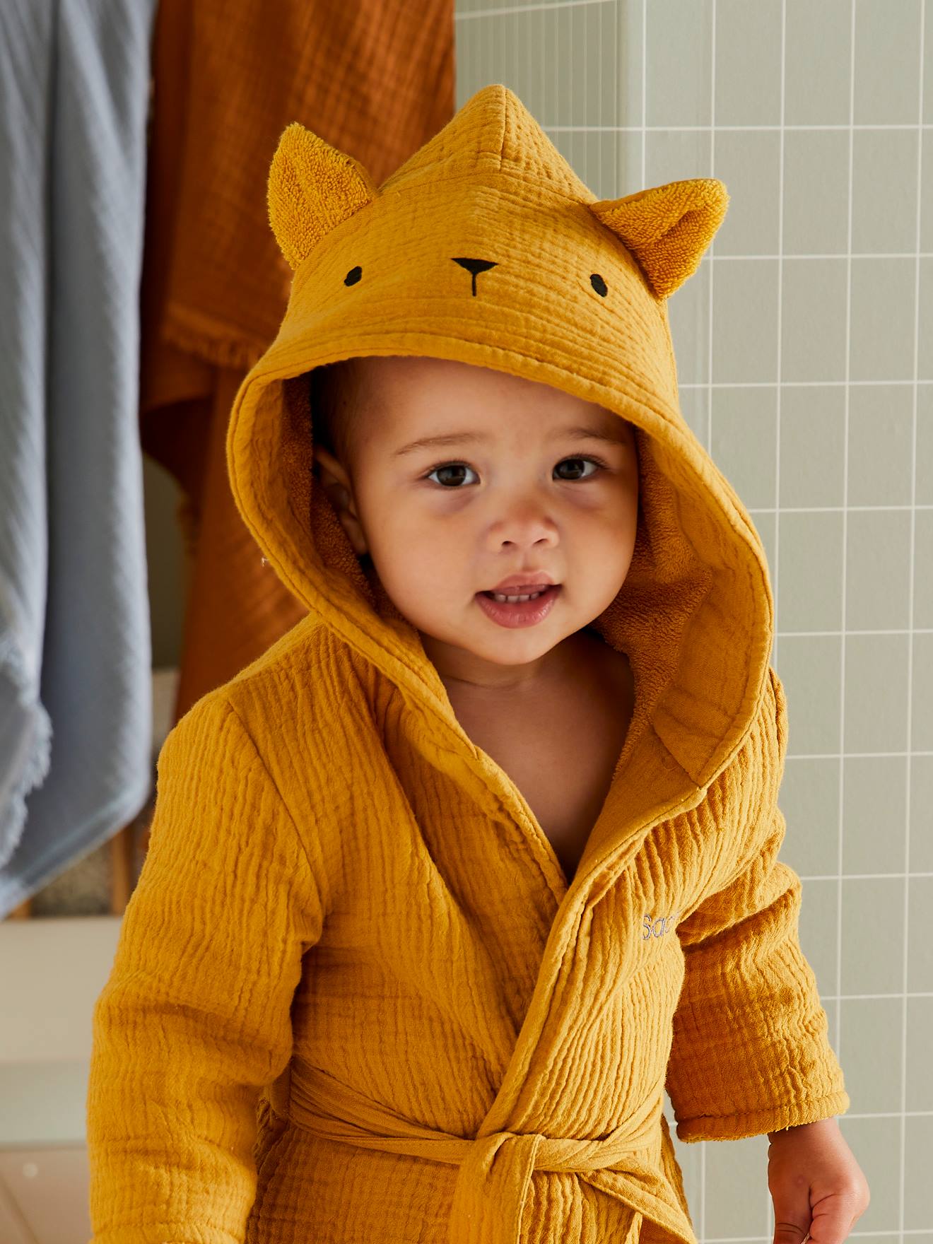 Albornoz para bebé Animal de gasa de algodón orgánico, personalizable  amarillo medio a rayas - Vertbaudet
