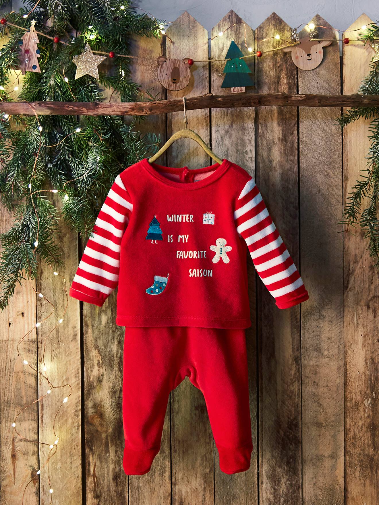 Pijama 2 prendas de terciopelo bebé Navidad rojo oscuro liso con motivos Vertbaudet
