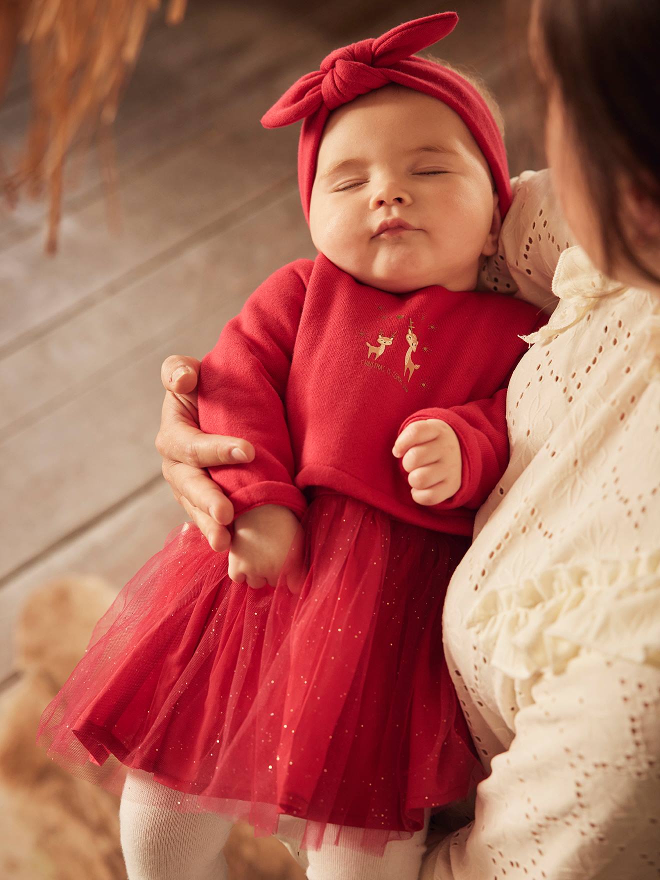 Vestido de efecto 2 en cinta para el pelo y leotardos, bebé rojo liso con motivos - Vertbaudet
