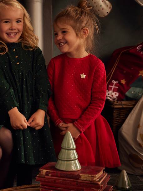 Vestido de Navidad para niña de dos tejidos AZUL OSCURO LISO+ROJO OSCURO LISO+verde 