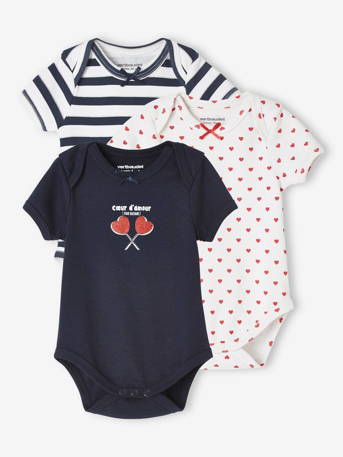 Lote De 3 Bodies De Manga Corta Corazones Para Bebe Azul Oscuro Bicolor Multicolor Vertbaudet