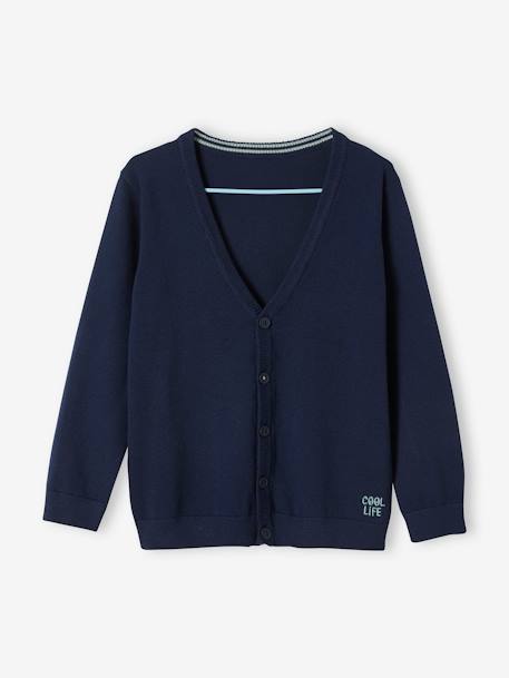 Chaqueta de punto con cuello de pico estilo universitario y bordado 'cool life', para niño AZUL OSCURO LISO+GRIS MEDIO LISO 