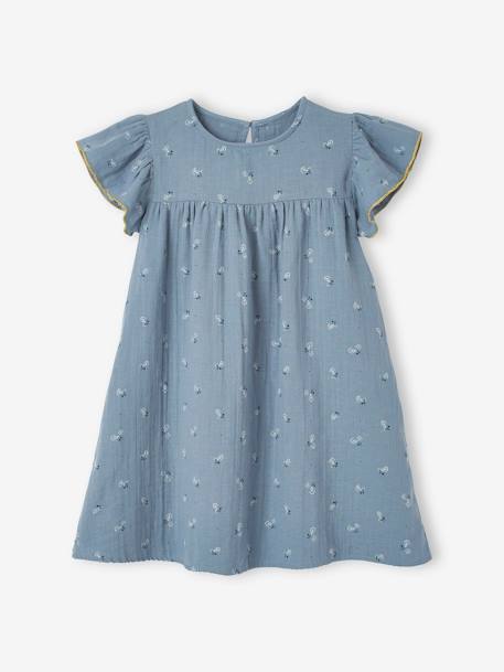 Vestido de gasa de algodón estampado con mangas mariposa, para niña AZUL CLARO ESTAMPADO+teja+verde agua 