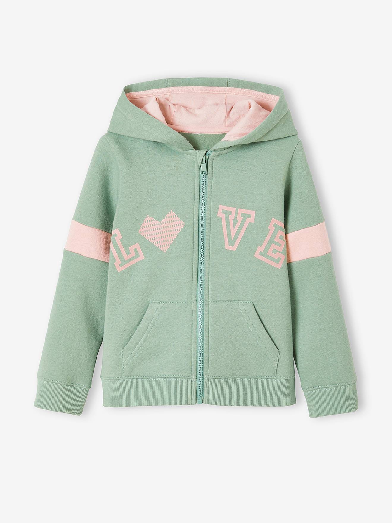 Sudadera deportiva con cremallera, capucha y detalles gráficos para niña  verde claro liso - Vertbaudet