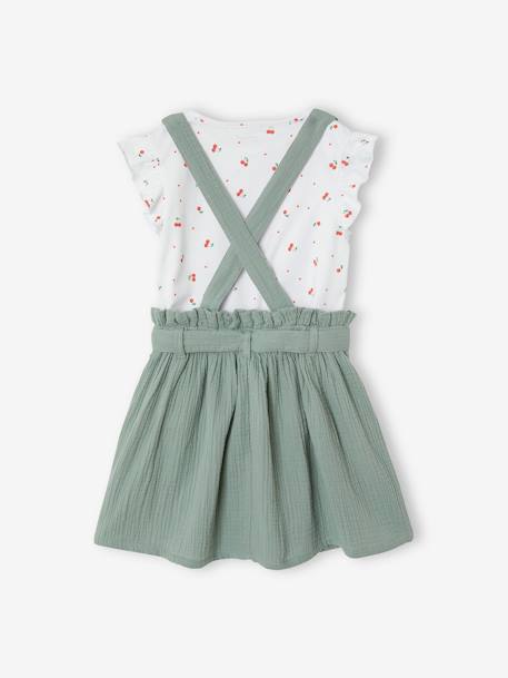 Conjunto niña camiseta a rayas + falda de gasa de algodón lila+VERDE CLARO LISO 